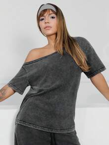 Hariany Almeida Women's Fall Minimalist Streetwear Basic Daily Wear Going Out Sport Dirty Washed Cotton Comfortable Off Shoulder T-Shirt And Wide Leg Pants Two Piece Set - Black - View 4