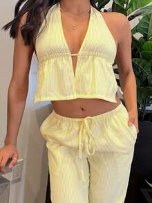 2 件女式蓝白条纹套装：棉质深 V 领露背吊带上衣和高腰抽绳阔腿裤，时尚休闲度假日常装，春夏 - 黃色 - 查看 6