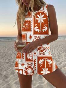 SHEIN LUNE 女士休闲碎花圆领背心短裤套装（2件套），适合夏季穿着，夏季女装，沙滩装，2件套沙滩装，夏季休闲套装，女士夏季套装（2件套） - 彩色 - 查看 2