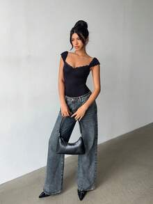 Aloruh Women's Wine Red Lace Bodysuit - Navy Blue - View 4