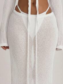 Musera Resort 针织系带前开襟长裙罩衫泳装度假夏季旅行沙滩装基本款纯色度假风 - 白色 - 查看 2