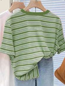 INAWLY Áo thun ngắn tay nữ kẻ sọc nhiều màu sắc kiểu cổ điển, áo kiểu thường ngày cho mùa hè. - Nhiều màu - Xem 2