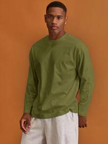 Musero Men Oversized Crewneck Long Sleeve Basic Plain T-Shirt Capsule Wardrobe Layering Spring&Summer - Green - View 5