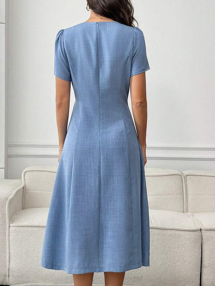 Women's Solid Color V-Neck Short Petal Sleeve Pleated Hem Elegant Mid-Length Dress,Summer Outfit For Women,Festival Outfits For Women,Elegant Dresses For Women,Blue Dresses For Women,Summer Dresses For Women