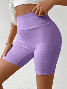 SHEIN Raffinéa 女士纯色高腰休闲百搭日常穿搭紧身短裤 - 紫色 - 查看 6