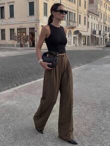 DAZY Casual Business Style Pleated Slant Pocket Loose Straight Leg Pants - Coffee Brown - View 4