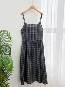 Dazy Kids Teen Girl Plaid Bow Decor Casual Camisole Dress Summer - Black - View 9