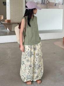 Dazy Kids 2pcs/Set Tween Girls Ditsy Floral Sleeveless Top And Pants Set, Autumn - Green - View 2