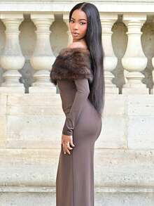 Mima John 女士毛绒露肩长袖修身优雅连衣裙 - 棕色 - 查看 4