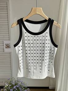 Resyla Camiseta holgada casual de mujer con cuello redondo, bloque de color y adornos de diamante de imitación - Blanco - Ver 6