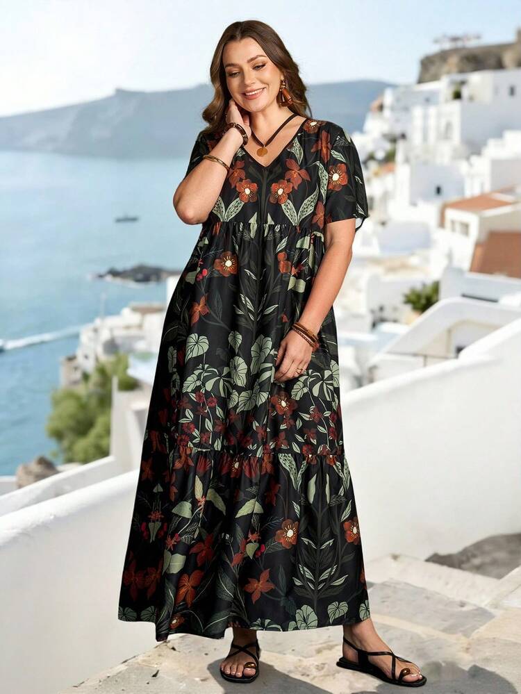 Plus Size Women Floral Print Short Sleeve Casual Dress Summer Outfits Beach Vacation Outfits For Women Floral Dress BOHO Clothes Women's Summer Dresses Plus Size Dress Vacation Casual Resort Wear Women Vacation Dress Women Casual Dresses Summer Outfits For Women Beach Outfit For Women Casual Vacation Outfits Women Country Concert Outfit Peplum