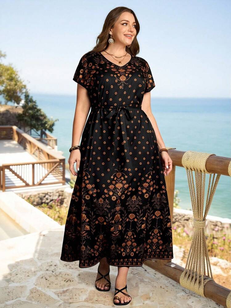 Plus Size Women V-Neck Floral Print Tie Waist Fashionable Chic Party Dress Summer Outfits Beach Vacation Outfits For Women Floral Dress BOHO Clothes Women Maxi Dresses Women's Dress Elegant Classic Women Casual Dresses Summer Outfits For Women Beach Outfit For Women Casual Vacation Outfits Women Country Concert Outfit Peplum