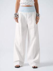 LYSMO 女士时尚通勤蕾丝拼接阔腿裤 - 白色 - 查看 3