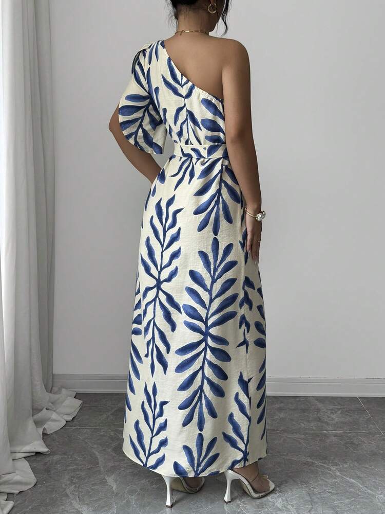 Elenzga Vestido ajustado con mangas abullonadas, cintura con lazo y estampado floral elegante para mujer, azul y blanco, primavera/verano - Azul - Añade 2
