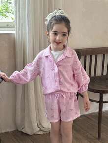 LMoss Kids 3 قطع مجموعة قميص كاجوال مخطط منسوج، توب وشورت للفتيات الصغيرات - أبيض - مشاهدة 3
