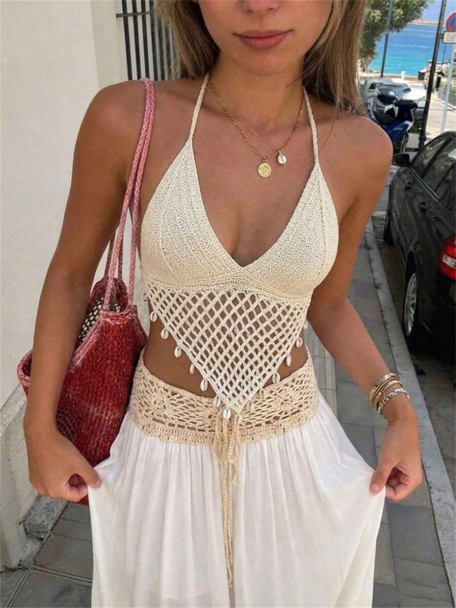 Aloruh 女士珍珠装饰比基尼上衣和下装套装，纯色钩针编织泳衣，适合海滩度假 - 杏色 - 查看 1