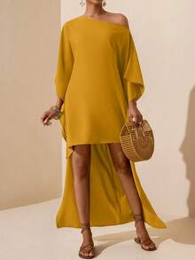 Vesra Vestido de mujer de unicolor con cuello asimétrico, parte delantera corta y parte trasera larga - Amarillo - Ver 5