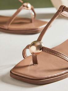 SHUZIA Women's Minimalist Comfortable Gold Metal Decor Ankle Strap Thong Flat Sandals - Mocha Brown - View 6