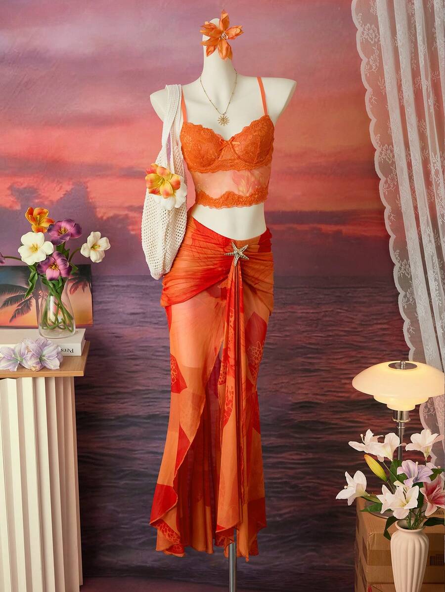 Femesol 女士时尚优雅休闲度假海星印花不对称开衩长裙橙色半身裙橙色沙滩美人鱼裙女士沙滩派对服装橙色沙滩裙女士夏季服装女士沙滩服装黄色罩裙女士沙滩服装 - 彩色 - 查看 1