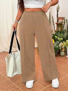 SHEIN EZwear Quần dài ống đứng đơn giản, màu trơn dành cho nữ cỡ lớn - Màu Khaki - Xem 1
