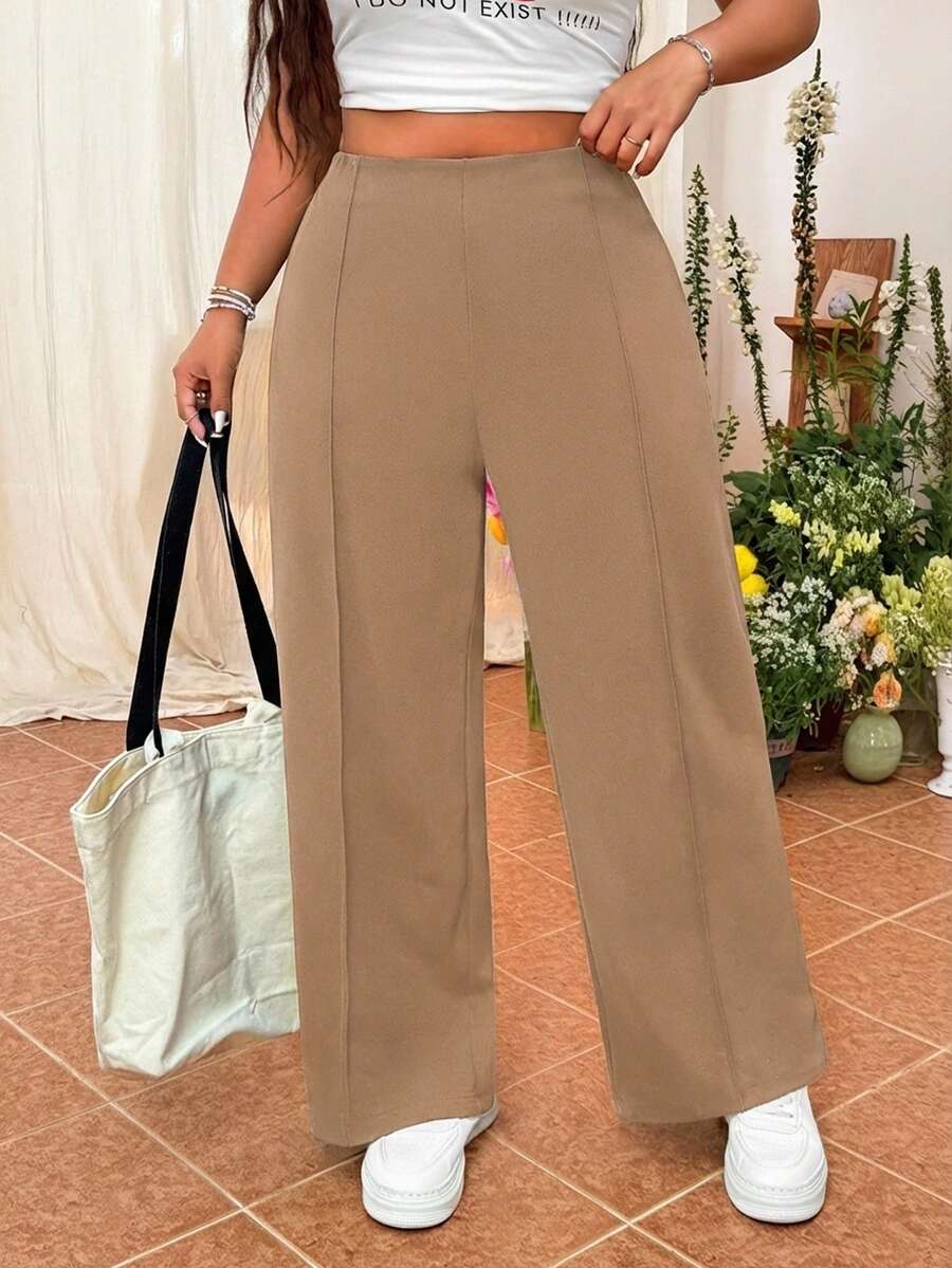 SHEIN EZwear Quần dài ống đứng đơn giản, màu trơn dành cho nữ cỡ lớn - Màu Khaki - Xem 1