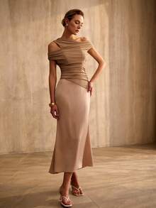 MOTF PREMIUM WOMEN'S ASYMMETRIC SHOULDER PATCHWORK PARTY LONG DRESS, SPRING/SUMMER - Champagne - View 4