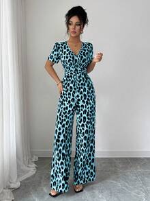 Elenzga Ladies' Elegant Vacation And Casual Summer Leopard Print Jumpsuit - Blue - View 3