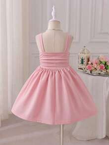SHEIN Glamorique Kids 年轻女孩优雅迷人的紫红色无袖褶皱设计可爱蝴蝶结腰身修身蓬松连衣裙正式礼服 - 粉色 - 查看 2
