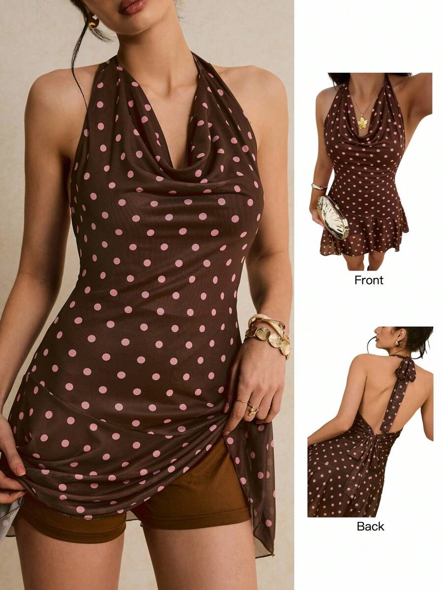 Poéselle Đầm ngắn cổ xếp ly in chấm bi dành cho nữ - màu nâu - Xem 1