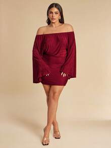 SHEIN BAE Plus Size Women's Burgundy Autumn Elegant Festa Off-Shoulder Dress,Metallic Flare Sleeve Asymmetrical Bodycon Maxi Dresses For Party Wedding Guest - Apricot - View 6