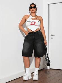 Dripcurv Quần short denim cỡ lớn màu xanh dương, kiểu dáng đường phố gợi cảm, ống rộng, túi chéo phong cách Y2K. - màu đen - Xem 8