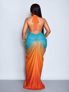 SOLERSUN Women's Plus Size Orange Summer Elegant Tea Party Deep V Plunge Halter Neck Sleeveless Ombre Printed Blue Maxi Dress Vacation Beach Music Festival - Orange - View 2