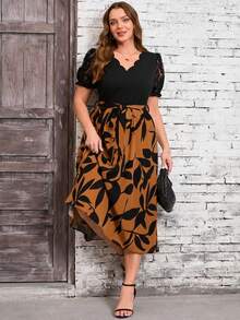 Reflora Plus Size Summer Elegant Lace Patchwork Contrast Color Floral Print Dress - Coffee Brown - View 5