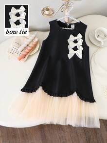 SHEIN Elladie kids 女童春夏新款简约优雅连衣裙，浅桃色3D蝴蝶结缎带，黑色梭织面料拼接浅桃色网纱不对称下摆无袖连衣裙，适合年轻女孩，简约优雅的女士风格，适合日常、上学、外出、度假等春夏穿着。儿童连衣裙，蓬蓬裙，女童连衣裙，黑白儿童连衣裙，蝴蝶结连衣裙，黑白女童连衣裙，幼儿女童夏季服装。柔软连衣裙。 - 黑色 - 查看 7