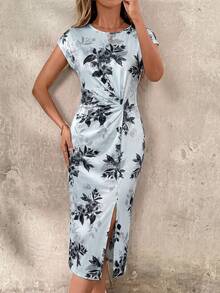 SHEIN Clasi 女士圆领腰部扭结开衩下摆连衣裙 - 淺藍色 - 查看 4