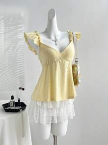 Elamini 优雅甜美的法式露背浪漫蕾丝收腰V领喇叭袖休闲通勤百搭女式衬衫 - 黃色 - 查看 1