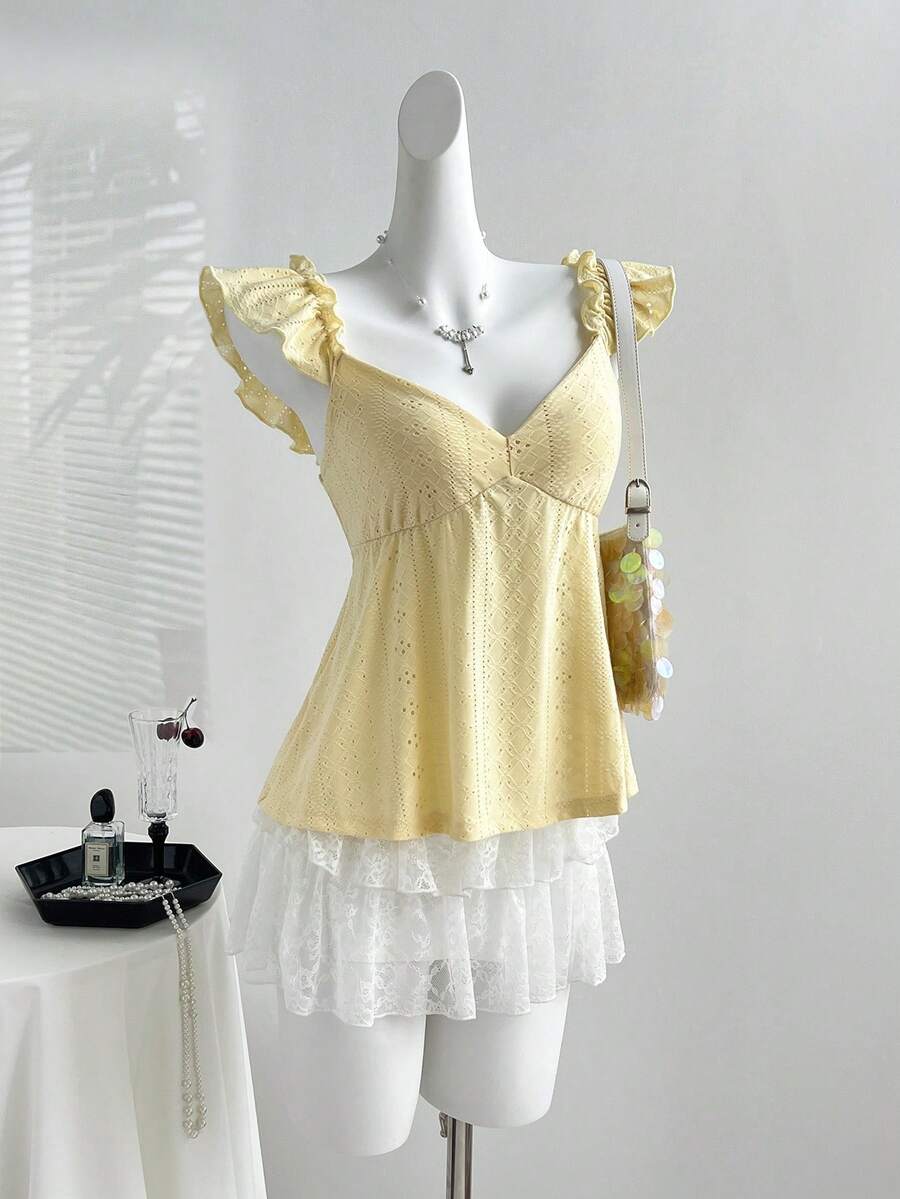 Elamini 优雅甜美的法式露背浪漫蕾丝收腰V领喇叭袖休闲通勤百搭女式衬衫 - 黃色 - 查看 1