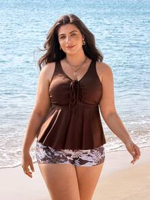 Swim Lushoire Tankini de talla grande con estampado floral y cuello en V, estilizador y favorecedor para vacaciones de primavera - Multicolor - Ver 5