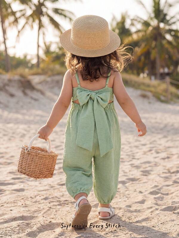 Cozy Pixies Kız Bebekler İçin Düz Renk Rahat Dekoratif Fiyonklu Askılı Tulum