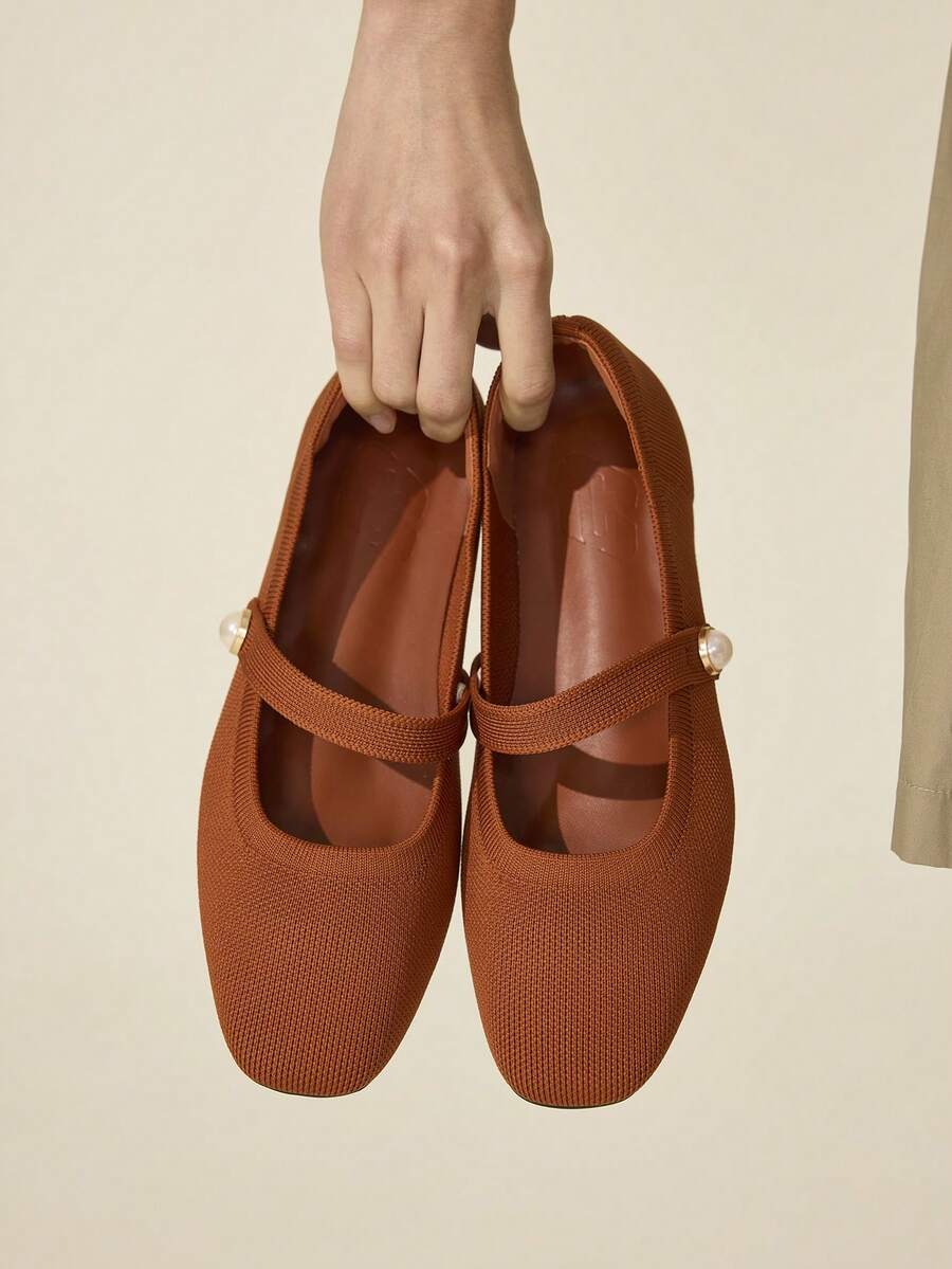 CUCCOO BASICS Women Fashionable Fabric Comfortable Breathable Pearl Decor Mary Jane Flat Shoes For Commute, Date, Party, And Casual Wear For Christmas - Caramel Brown - View 1