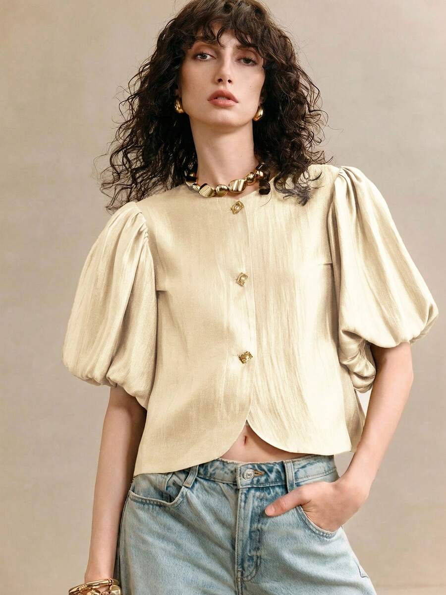 Arave Blusa de mujer de verano con cuello redondo, manga de farol y diseño texturizado, con hilos dorados brillantes trenzados - Albaricoque - Ver 1