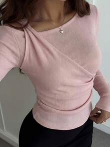 DAZY 女士优雅二合一拼接肩长袖T恤，修身款，适合春夏穿着 - 粉色 - 查看 5