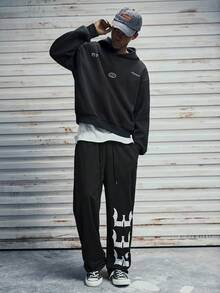 Modcrash 男士时尚街头十字印花宽松直筒运动裤 - 黑色 - 查看 6