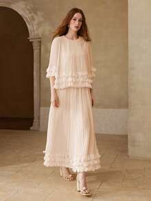 MOTF PREMIUM WOMEN'S ROMANTIC DATE LONG SLEEVE LACE TRIM APRICOT ROUND NECK BLOUSE, SPRING/SUMMER - Pink - View 6