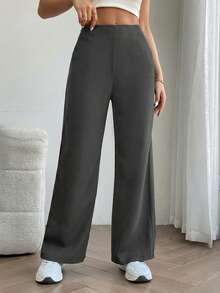 SHEIN PETITE Women's Solid Color Casual Versatile Daily Wear Pants - Grey - View 3