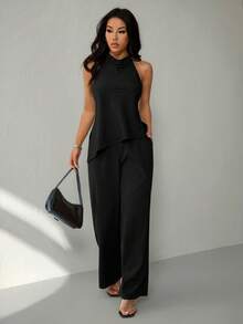 SHEIN PETITE Women's Solid Color Halter Backless Asymmetrical Top & Long Pants 2 Pieces Set,Work Outfits For Women - Black - View 3