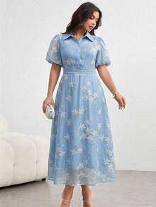 Vestido elegante de talla grande con bordado floral, para verano - Azul - Ver 4