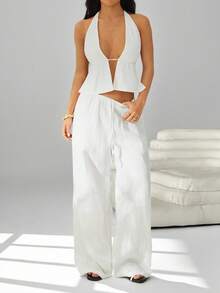 SHEIN PETITE 2 Pieces Outfits Tie Up Halter Neck Backless Tank Top And Wide Leg Drawstring Pants Set Clubwear, Vacation Outfits Women, Beach Outfits For Woman, Rave Outfits, Hawaii Outfits Women Island Vacation Outfits Linen Two Piece Set White Two Piece Set Outfit - White - View 4