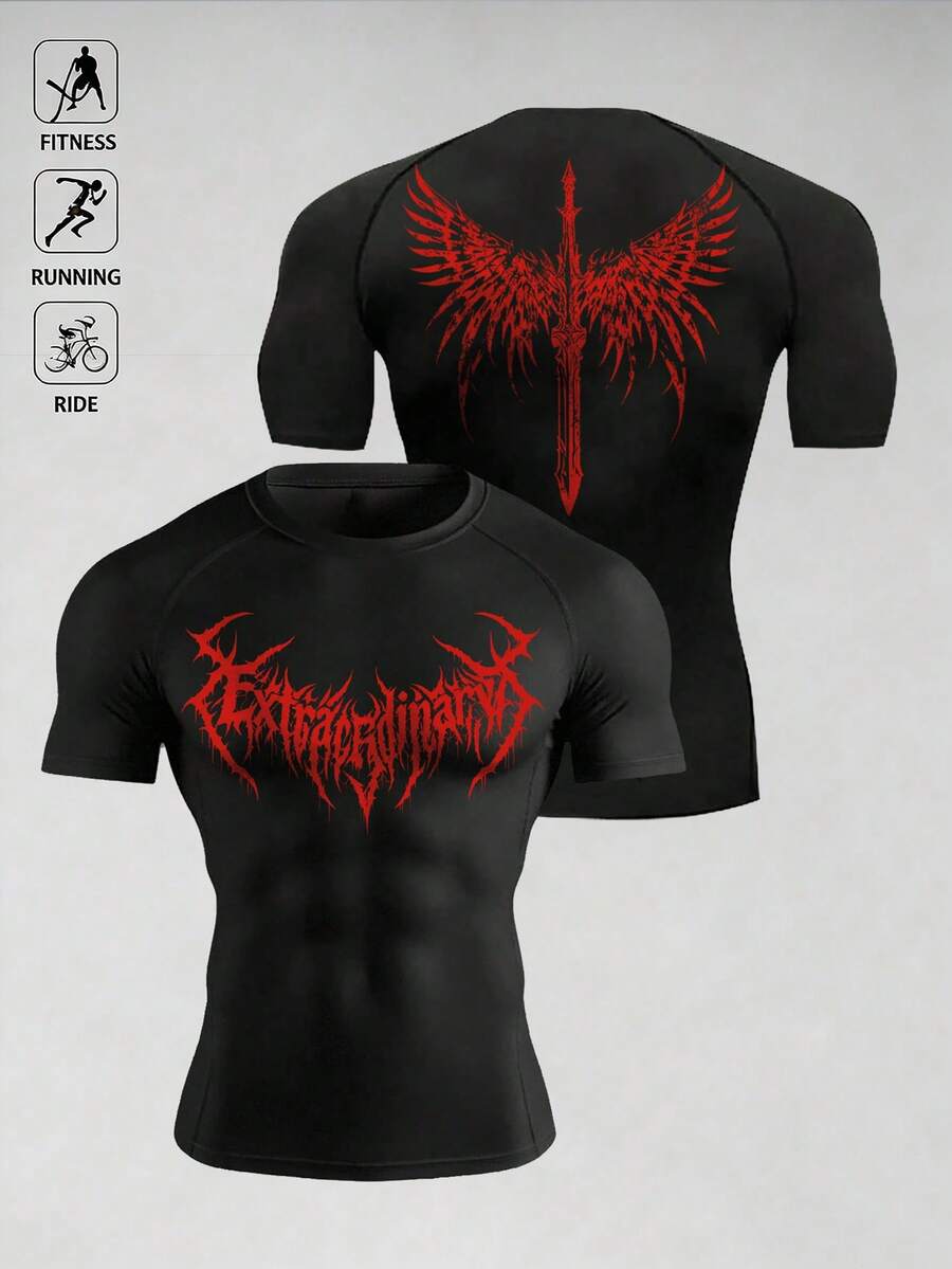 Acti Log 男士圆领插肩短袖时尚印花夏季运动T恤 - 黑色 - 查看 1