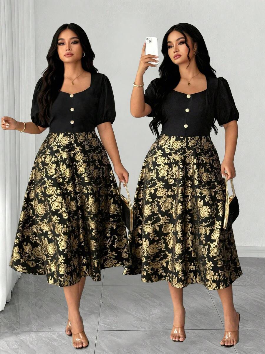 Elenzga 大码女式复古优雅拼接设计方领泡泡袖新款金色花卉印花连衣裙 - 黑色 - 查看 1